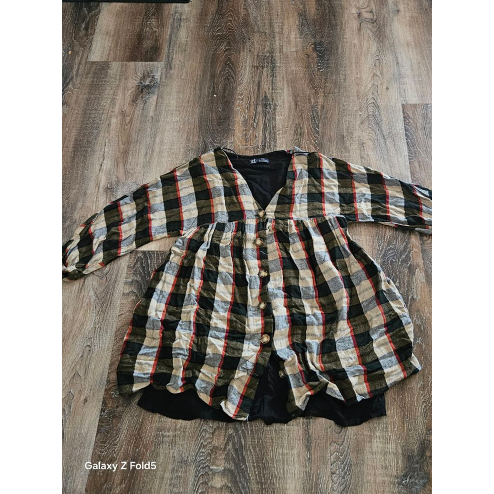 Women's ZARA TRF Plaid Tunic Top XS Black Beige Red